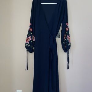 Navy blue embroidered long sleeve wrap maxi dress